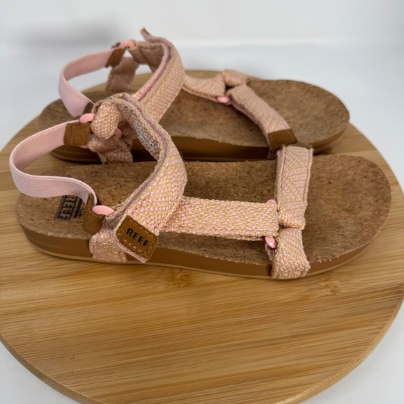 Reef Cushion Rem Pink Tan Woven Strappy Cork Footbed Sandals Womens 9 D-22 JHV - Picture 4 of 11